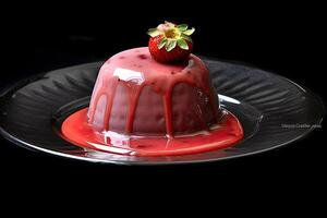 tasty strawberry pudding on a plate, black background, illustration, photo