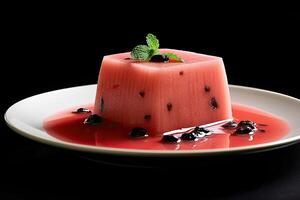 tasty watermelon pudding on a plate, black background, illustration, generative ai photo