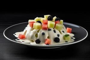 delicious melon salad pudding on a plate, black background, illustration, photo