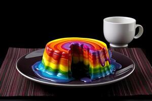 delicious rainbow pudding on a plate, black background, illustration, photo