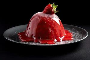 strawberry pudding on a plate, black background, illustration, generative ai photo