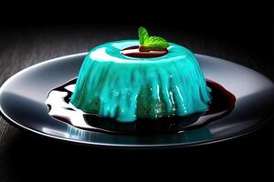 spiruline pudding on a plate, black background, illustration, photo