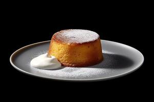 simple yogurt cake on a plate, black background, illustration, photo