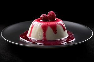 marvelous raspberry pudding on a plate, black background, illustration, generative ai photo