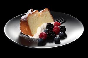 marvelous yogurt cake on a plate, black background, illustration, photo