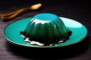 tasty spiruline pudding on a plate, black background, illustration, photo