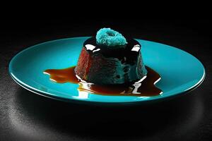 delicious spiruline pudding on a plate, black background, illustration, photo