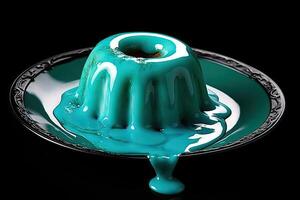 marvelous spiruline pudding on a plate, black background, illustration, generative ai photo