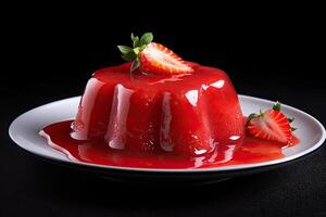 delicious strawberry pudding on a plate, black background, illustration, photo