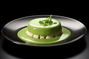 tasty green pannacotta on a plate, black background, illustration, photo