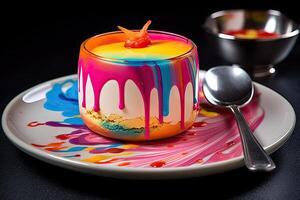 colorful pannacotta on a plate, black background, illustration, photo