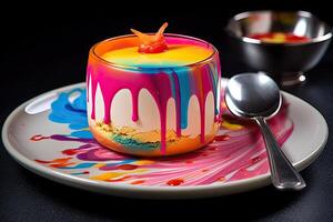 colorful pannacotta on a plate, black background, illustration, generative ai photo