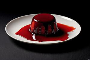 red pudding on a plate, black background, illustration, photo