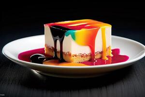 marvelous colorful pannacotta on a plate, black background, illustration, photo