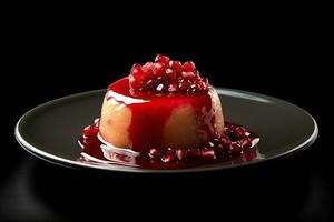pomegranate pudding on a plate, black background, illustration, generative ai photo