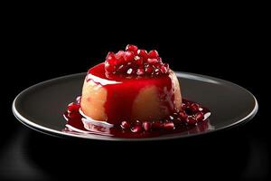 pomegranate pudding on a plate, black background, illustration, photo