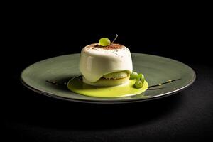 tasty pistachio pudding on a plate, black background, illustration, generative ai photo