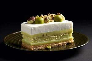 marvelous pistachio cake on a plate, black background, illustration, generative ai photo