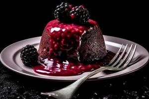 marvelous mulberry pudding on a plate, black background, illustration, photo
