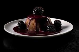 tasty mulberry pudding on a plate, black background, illustration, photo