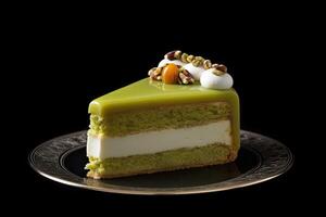 delicious pistachio cake on a plate, black background, illustration, photo