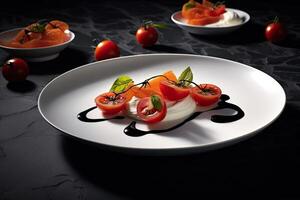 marvelous beautiful dish on a plate, black background, illustration, photo