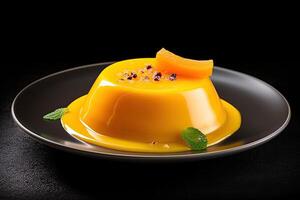 mango pudding on a plate, black background, illustration, photo