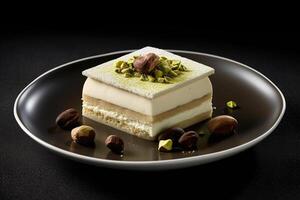 marvelous pistachio tiramisu on a plate, black background, illustration, photo