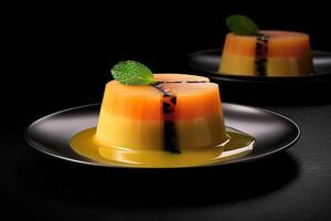 delicious melon pudding on a plate, black background, illustration, generative ai photo