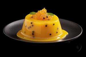 passion fruit pudding on a plate, black background, illustration, photo