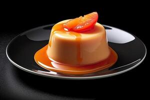 peach pudding on a plate, black background, illustration, generative ai photo