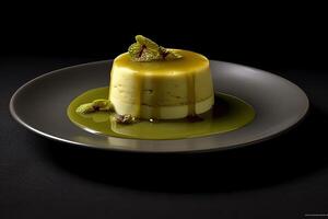 pistachio pudding on a plate, black background, illustration, generative ai photo