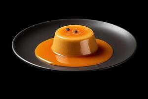 tasty orange pudding on a plate, black background, illustration, photo