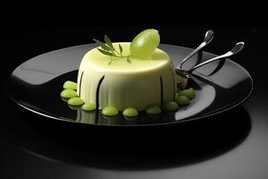 lime pudding on a plate, black background, illustration, generative ai photo