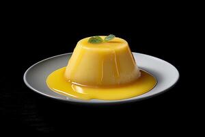 lemon pudding on a plate, black background, illustration, photo