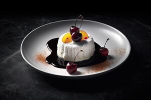 marvelous cream pannacotta pudding on a plate, black background, illustration, photo