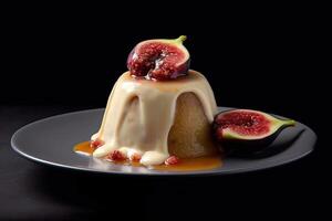 delicious fig pudding on a plate, black background, illustration, photo
