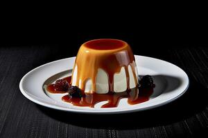 marvelous brown pudding on a plate, black background, illustration, photo