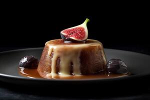 marvelous fig pudding on a plate, black background, illustration, photo