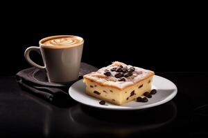 delicious focaccia genovese and cappuccino pudding on a plate, black background, illustration, photo