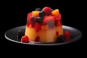 tasty fruit pudding on a plate, black background, illustration, photo