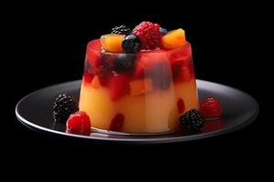 tasty fruit pudding on a plate, black background, illustration, generative ai photo