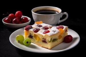 cake and cappuccino coffee pudding on a plate, black background, illustration, photo