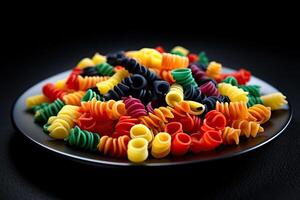 marvelous colorful pasta on a plate, black background, illustration, photo