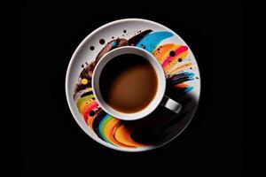 marvelous colorful coffee on a plate, black background, illustration, photo