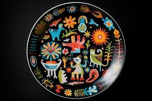 marvelous colorful mexican plate, black background, illustration, photo