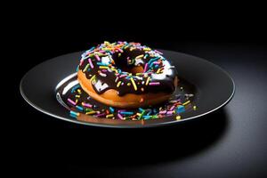delicious colorful donut on a plate, black background, illustration, photo