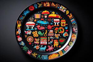 marvelous realistic mexican colorful plate, black background, illustration, photo