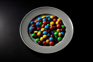 marvelous colorful Chocolates on a plate, black background, illustration, generative ai photo