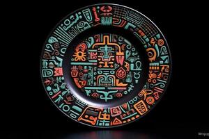 marvelous colorful maya plate, black background, illustration, photo